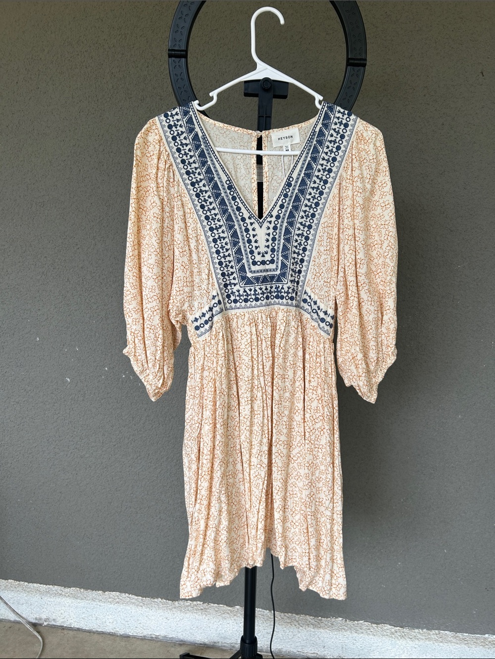 Boho V-Neck Mini Dress in gold with Navy Embroidery